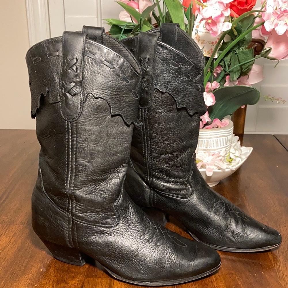 Laredo distressed black leather slouch cowboy boots.